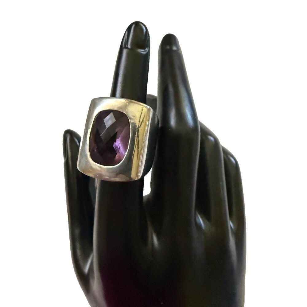 New Vtg.  Heavy Bezel Set Natural Amethyst Sterling Silver Ring Sz 7  (22 grams)